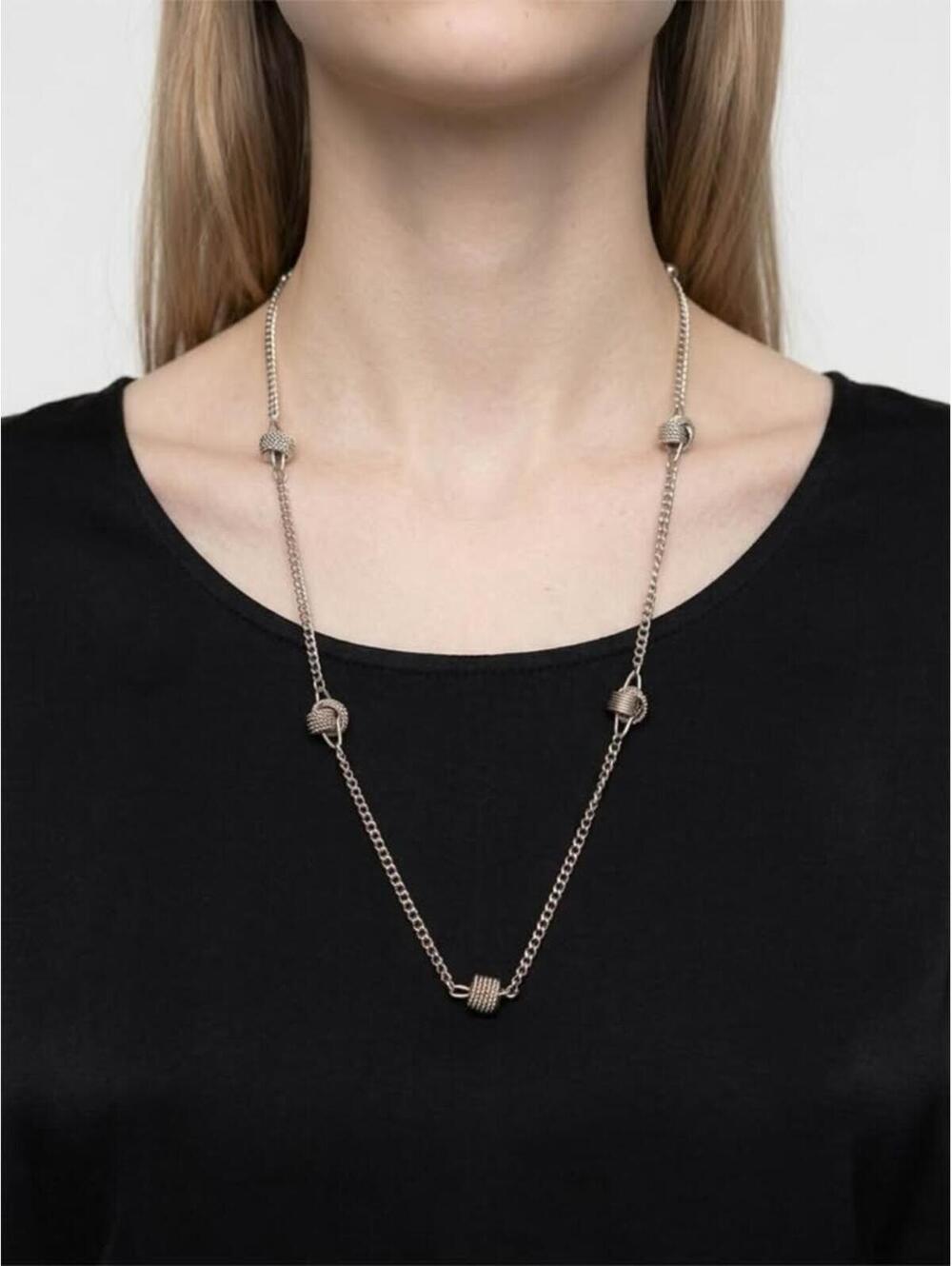 Long silver chain necklace with knot beads